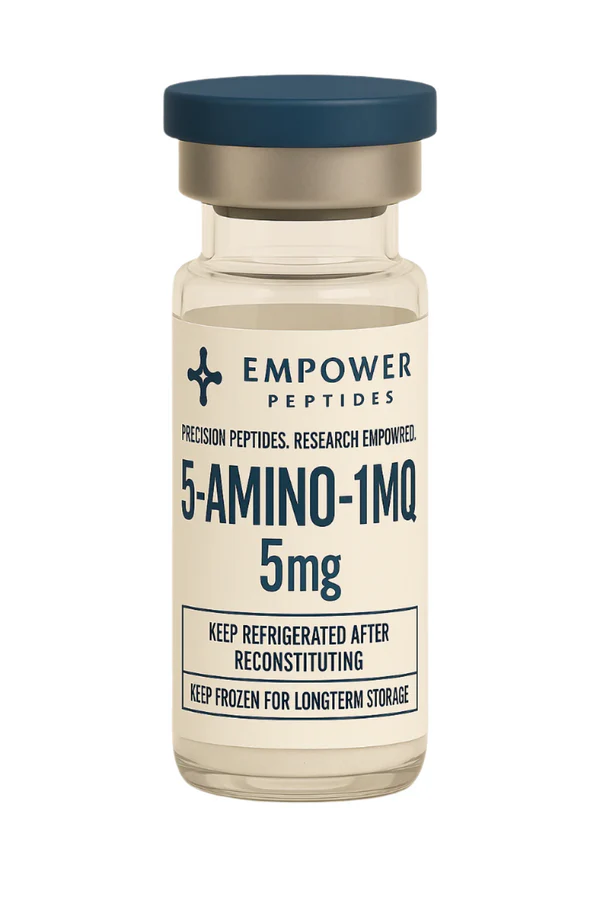 5Amino-1MQ 5mg 1 5-Amino-1MQ 5 mg research compound vial studied for its role in nicotinamide N-methyltransferase (NNMT) pathway research