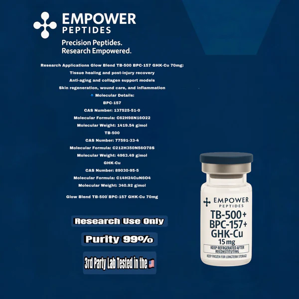 Glow Blend – 70mg (10mg TB-500 + 10mg BPC-157 + 50mg GHK-Cu) - Skin and Aesthetic Peptide 5 Glow Blend – 70mg (10mg TB-500 + 10mg BPC-157 + 50mg GHK-Cu) - Skin and Aesthetic Peptide - Image 5