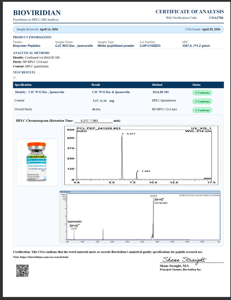 CJC-1295 No Dac 5mg + Ipamorelin 5mg - Growth and Performance Peptide 2 CJC + Ipa 10mg coa test result empower peptides