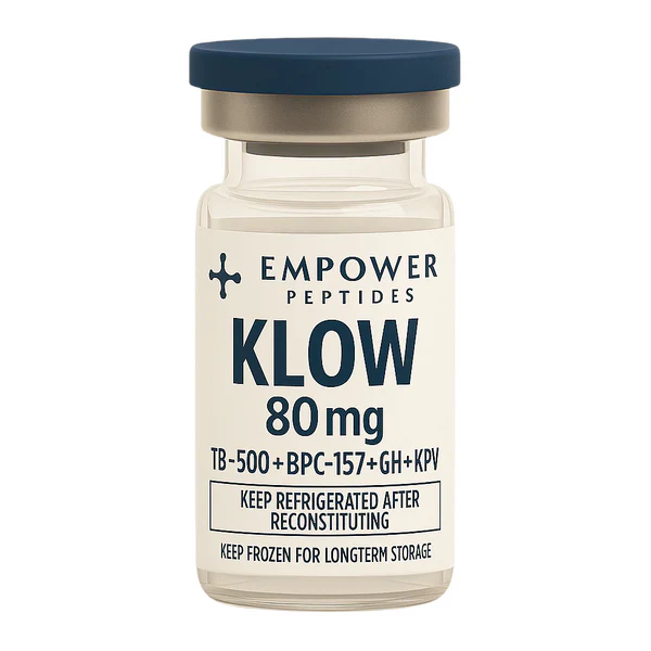 KLOW – 80mg (blend of TB-500, BPC-157, GHK-Cu, and KPV) - Recovery and Repair Peptide 6 KLOW research peptide blend vial studied for combined peptide signaling and cellular interaction pathway research