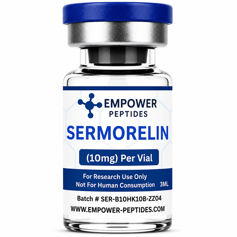Sermorelin - Hormone Balance Research Peptide 1 Sermorelin research peptide vial studied for its role in growth hormone–releasing hormone signaling pathways, for in vitro laboratory use